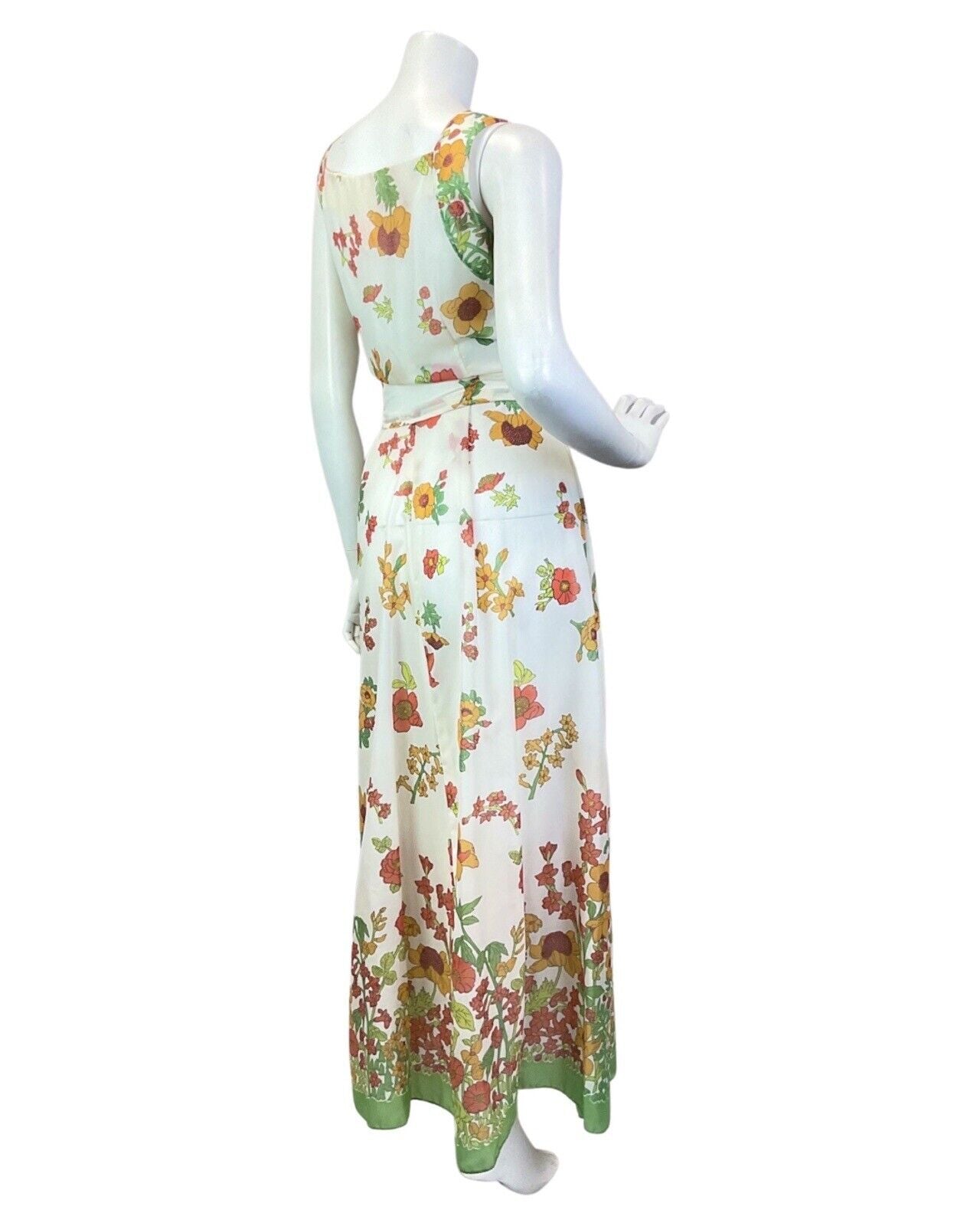 VINTAGE 60s 70s WHITE RED GREEN FLORAL GARDEN SLEEVELESS MAXI DRESS 8