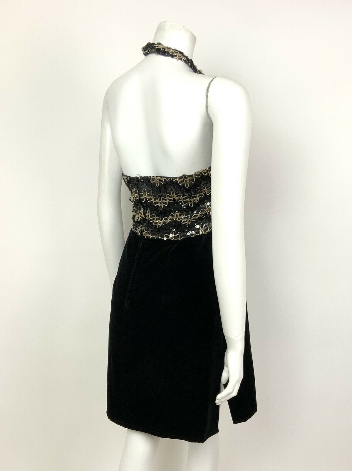 VINTAGE 60s 70s BLACK VELVET GOLD SEQUINNED DISCO STUDIO 54 HALTER DRESS 8 10