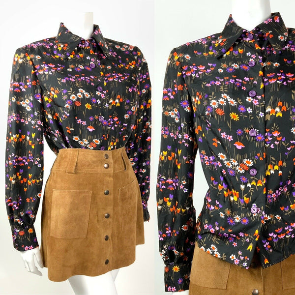 VINTAGE 60s 70s BLACK PINK PURPLE RED FLORAL DAISY TULIP DAGGER SHIRT 12 14