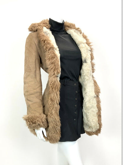 VINTAGE 60s 70s CAMEL BROWN SUEDE LEATHER SHEARLING FUR BOHO SHORT COAT 12 14