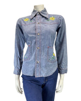 VINTAGE 60s 70s DENIM BLUE YELLOW EMBROIDERED FLOWER WESTERN DAGGER SHIRT 10