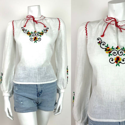 VTG 70s ETHNIC WHITE BLACK RED YELLOW GREEN EMBROIDERED FLORAL TOP GYPSY 10 12