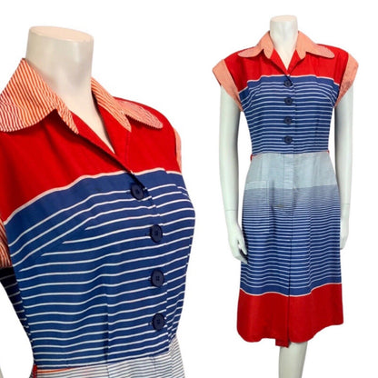 VINTAGE 60s 70s RED BLUE STRIPED COTTON BUTTON DOWN SUMMER SHIRT DRESS 10