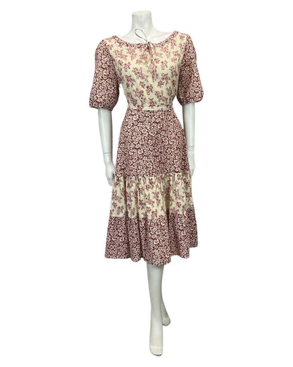 VINTAGE DIOLEN 70s DUSTY PINK CREAM FLORAL PRINT BOHO FOLK MIDI DRESS 10 12