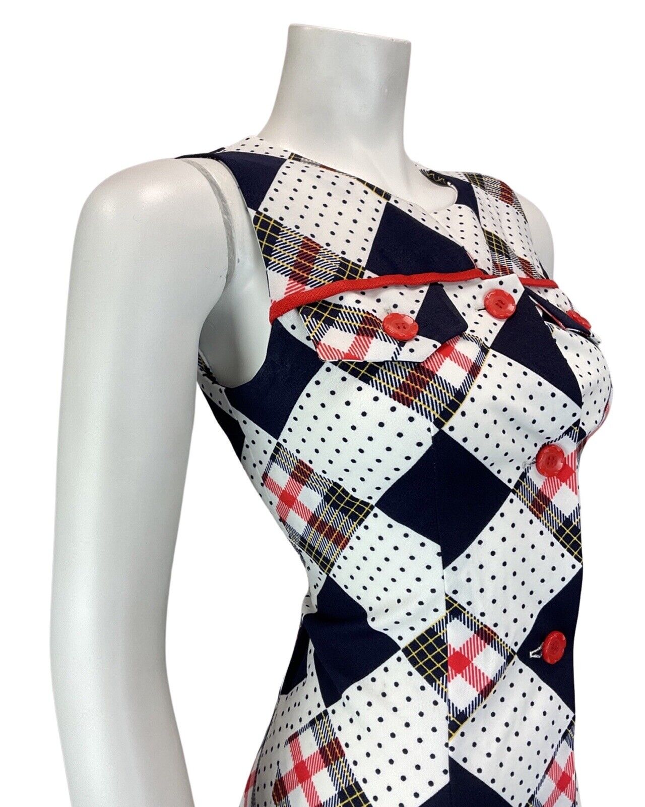 VINTAGE 60s 70s WHITE BLUE RED PATCHWORK POLKA-DOT SLEEVELESS MOD MIDI DRESS 8