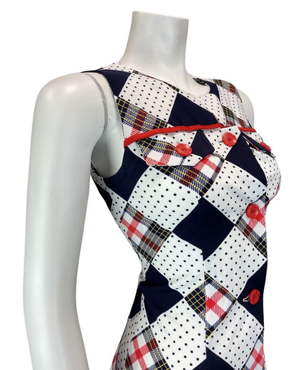 VINTAGE 60s 70s WHITE BLUE RED PATCHWORK POLKA-DOT SLEEVELESS MOD MIDI DRESS 8