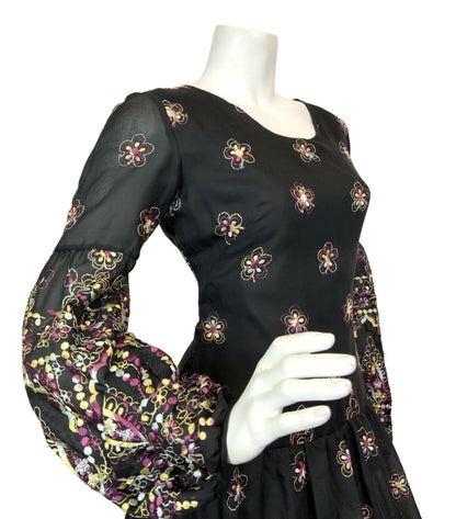 VTG 60s 70s BLACK PURPLE YELLOW EMBROIDERED FLORAL BOHO MOD MAXI DRESS 10 12