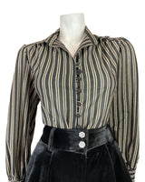 VINTAGE 60s 70s BLACK GOLD STRIPED DISCO MOD CROPPED LUREX BLOUSE SHIRT 14 16