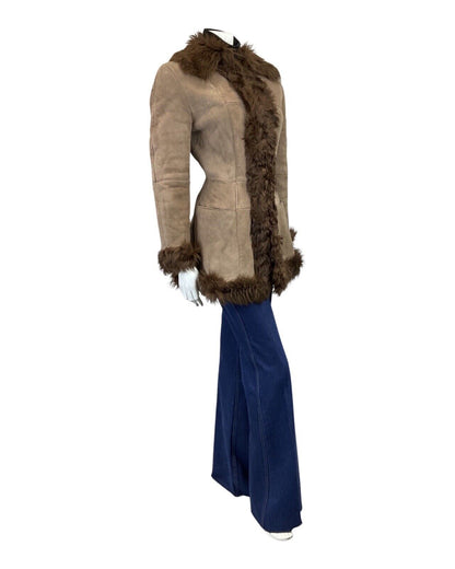 VINTAGE 60s 70s PEANUT BROWN SUEDE DAGGER COLLAR PENNY BOHO SHEARLING COAT 10 12