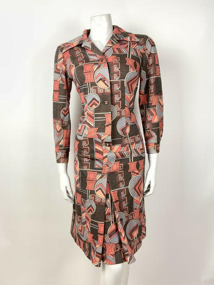 VINTAGE 60s 70s BROWN ORANGE GREY RED GEOMETRIC DAGGER SHIRT DRESS 10 12