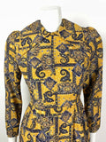 VTG 60s 70s YELLOW BLUE GOLD FLORAL PAISLEY PSYCHEDELIC DAGGER COLLAR DRESS 6 8