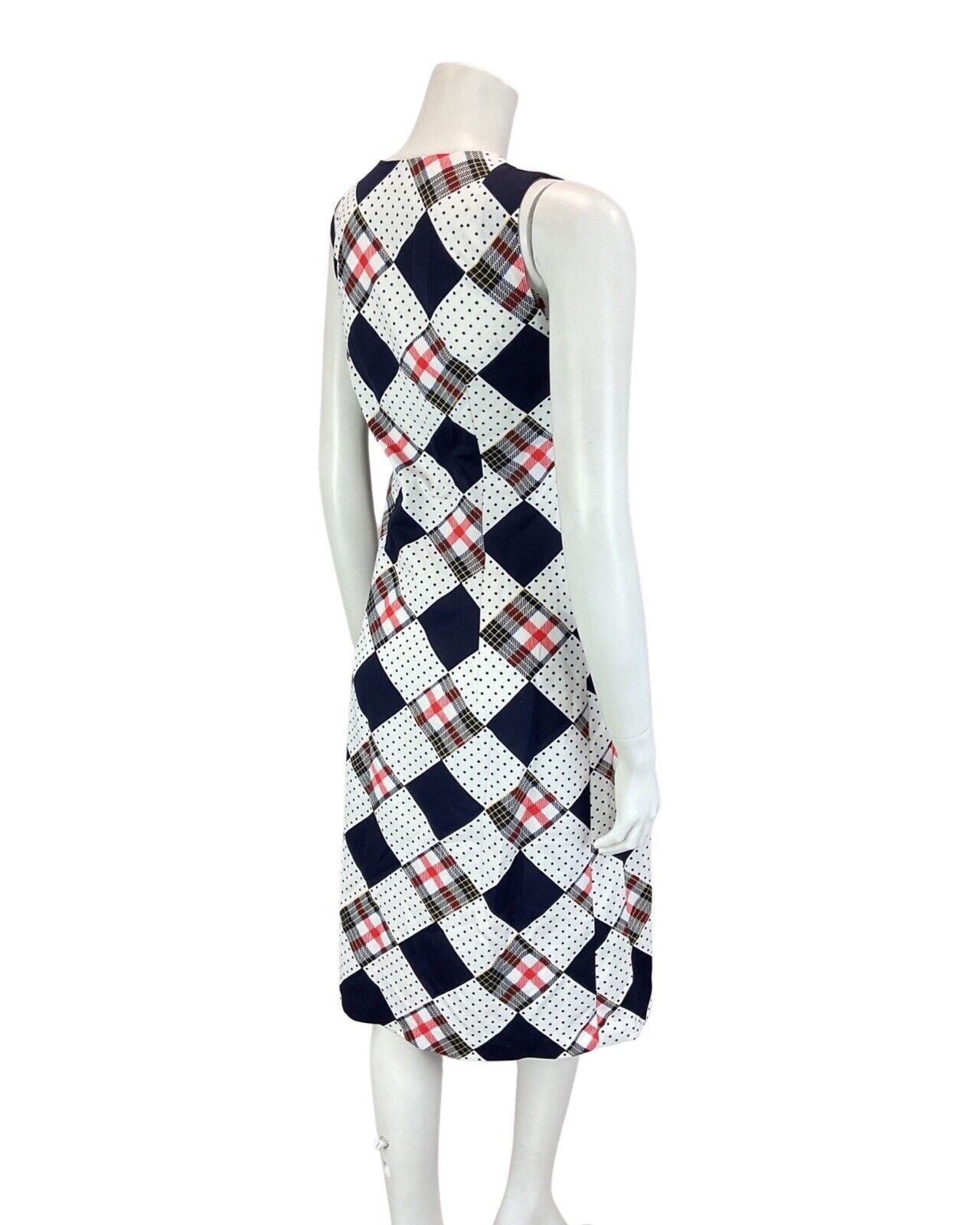 VINTAGE 60s 70s WHITE BLUE RED PATCHWORK POLKA-DOT SLEEVELESS MOD MIDI DRESS 8