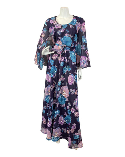 VTG 60s 70s PURPLE PINK BLUE FLORAL ROSE ANGEL SLEEVE FLOATY MAXI DRESS 14 16