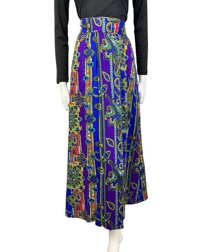 VINTAGE 70s BLUE PURPLE PINK PAISLEY FLORAL MANDALA MAXI SKIRT 8 10