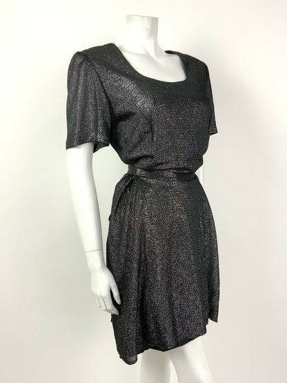 VINTAGE 60s 70s BLACK SILVER GLITTER DISCO STUDIO 54 BLOUSON DRESS 8 10 12