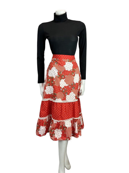 VINTAGE 60s 70s RED WHITE GREEN FLORAL GINGHAM PATCHWORK BOHO FOLK SKIRT 8