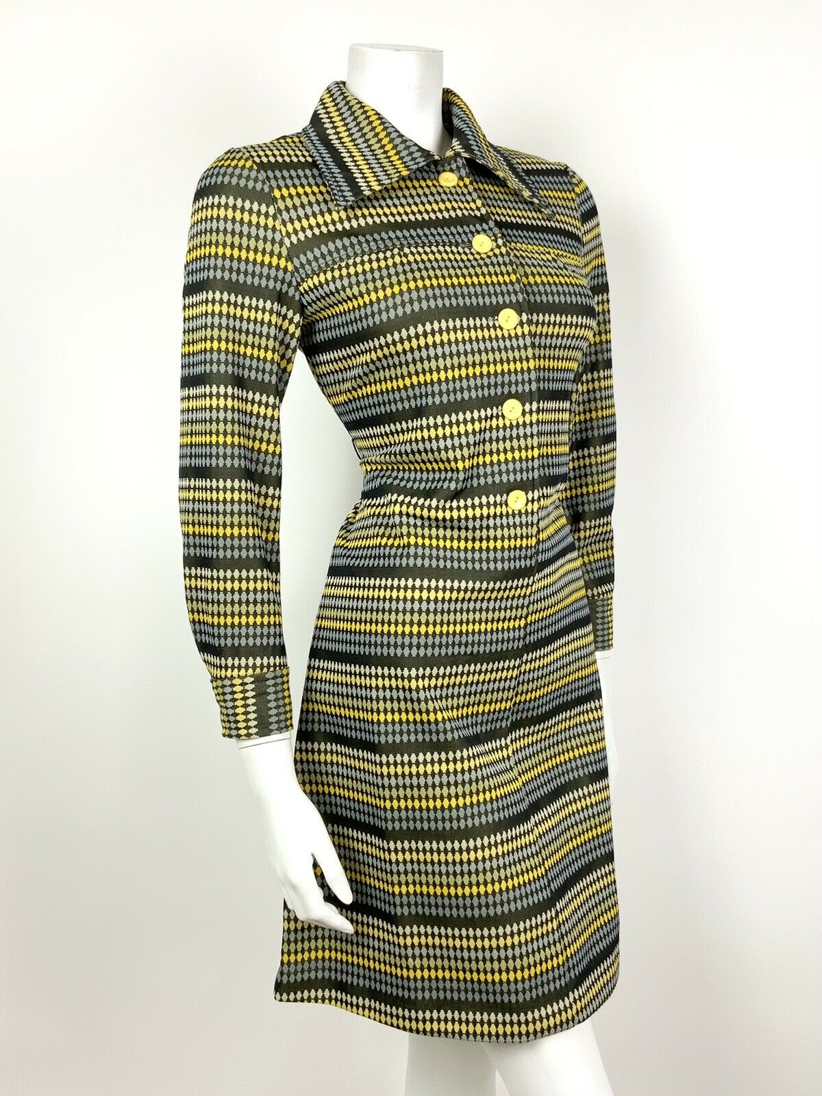 VINTAGE 60s 70s BLACK BLUE YELLOW STRIPED DOTTY DAGGER SHIRT SHIFT DRESS 8 10