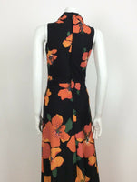 STUNNING VTG 60S 70S BLACK ORANGE RED PSYCHEDLIC FLOWER MAXI DRESS 10