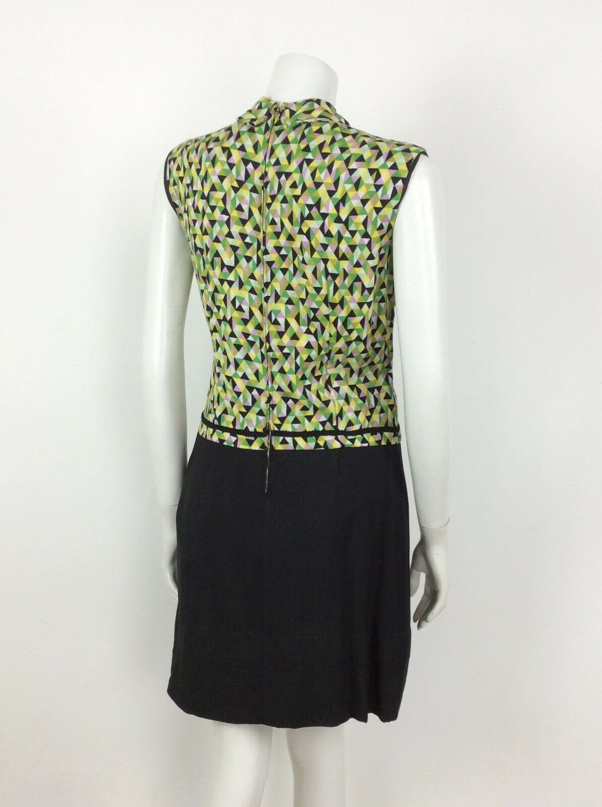 VTG 60S BLACK GREEN PINK YELLOW GEOMETRIC MOD DRESS 12