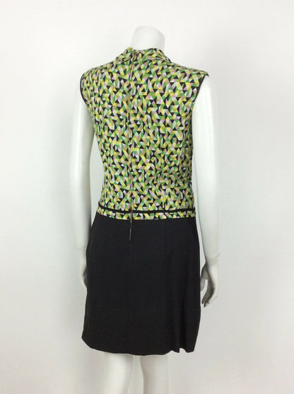 VTG 60S BLACK GREEN PINK YELLOW GEOMETRIC MOD DRESS 12