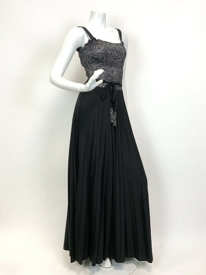 VINTAGE 60s 70s BLACK SILVER DISCO GLAM STUDIO 54 PARTY STRAPPY MAXI DRESS 6 8