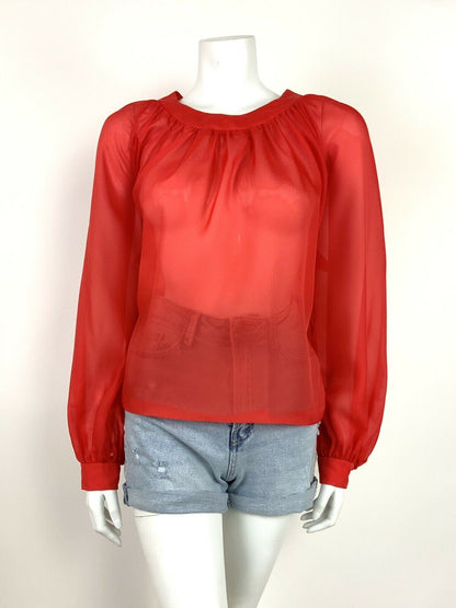 VINTAGE 70s ETHNIC PEASANT RED TOP BLOUSE SHEER RED 12 14 16