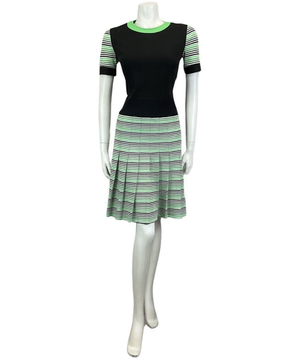 VINTAGE 60s 70s BLACK GREEN WHITE STRIPED PLEATED MIDI MOD DRESS 12