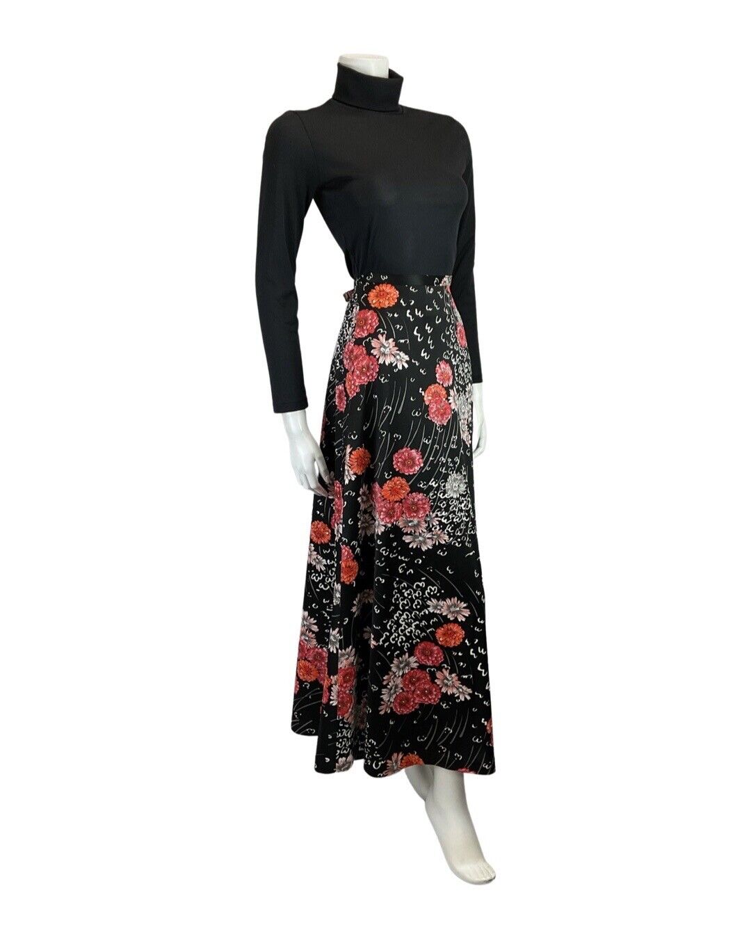 VINTAGE 60s 70s BLACK GREY RED GERBERA FLOWER BOHO MAXI SKIRT 8