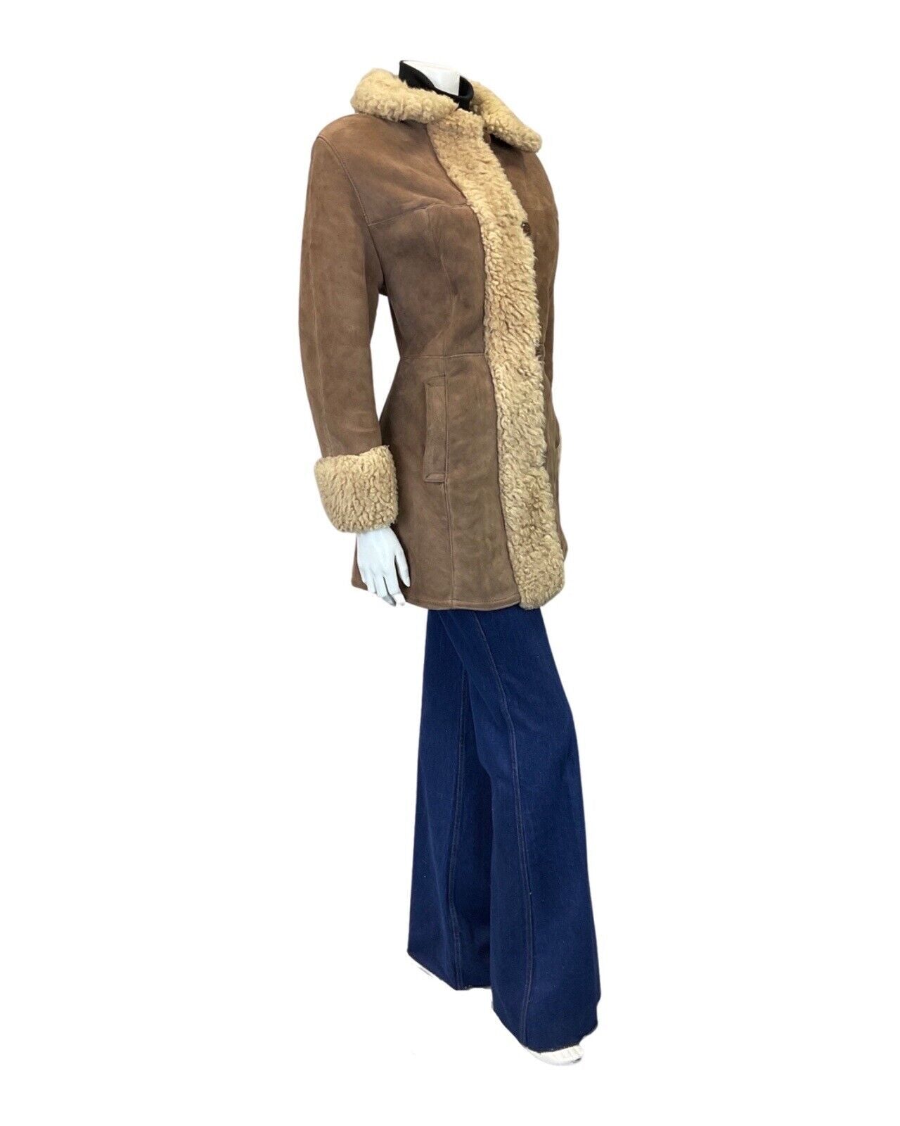 VINTAGE 60s 70s PEANUT BROWN SUEDE LEATHER MOD BOHO SHEARLING SHORT COAT 12