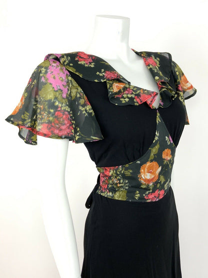 VINTAGE 60s 70s BLACK FLORAL DRESS A-LINE RUFFLE GREEN ORANGE RED 8 10