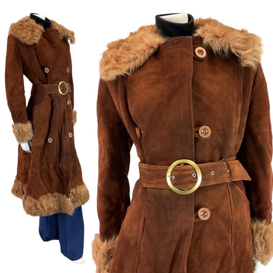 VINTAGE 60s 70s BROWN BOHO BELTED DAGGER COLLAR SUEDE SHEARLING COAT 12 14