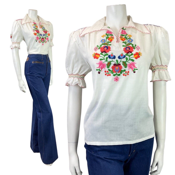 VINTAGE 60s 70s WHITE FLORAL EMBROIDERED PUFF SLEEVE PRAIRIE BOHO BLOUSE 14 16