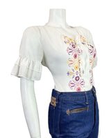 VTG 60s 70s WHITE PINK YELLOW FLORAL EMBROIDERED BOHO PRAIRIE BLOUSE TOP 12 14