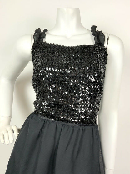 VINTAGE 60s 70s BLACK SEQUIN RUFFLE PARTY STUDIO 54 TIERED SHEER MAXI DRESS 12