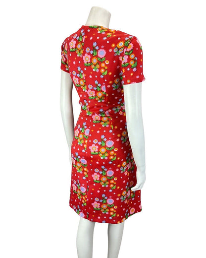 VINTAGE 60s 70s RED PINK ORANGE DAISY FLOWER POWER MOD DRESS 14 16