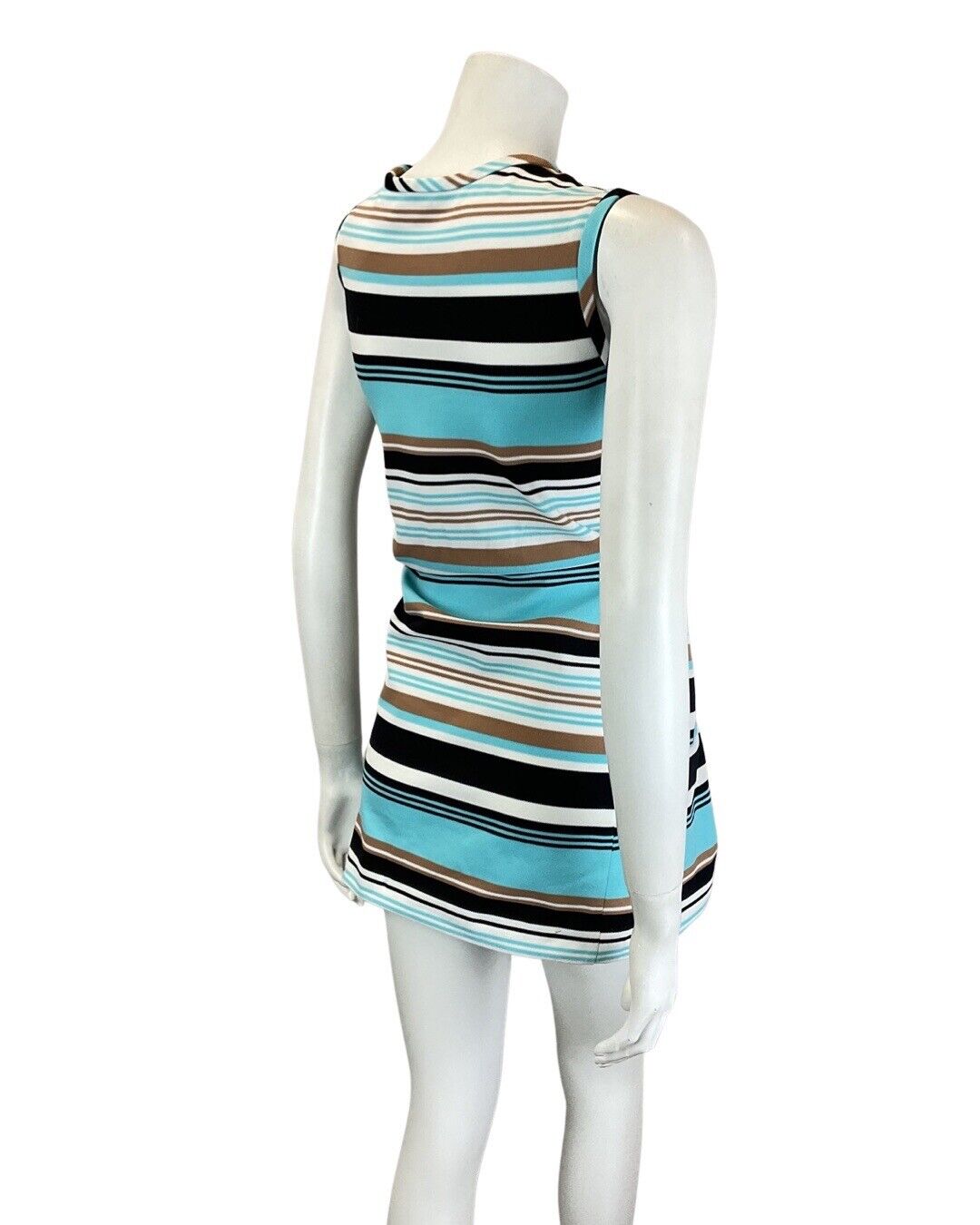 VINTAGE 60s 70s BLUE BROWN BLACK STRIPED MOD PINAFORE MINI SLEEVELESS DRESS 8 10