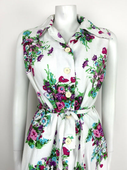 VINTAGE 60s 70s WHITE PINK PURPLE GREEN BOUQUET FLORAL WINGED SHIRT DRESS 12 14