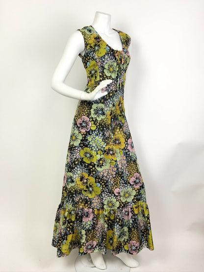 VINTAGE 60s 70s BLACK YELLOW PINK BLUE PSYCHEDELIC FLORAL DOTTY MAXI DRESS 12