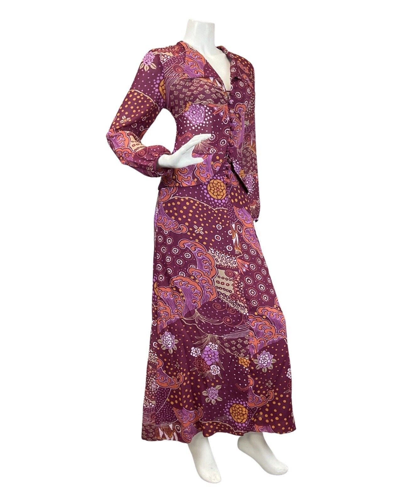 VINTAGE 60s 70s PURPLE ORANGE PSYCHEDELIC FLORAL MOD PEPLUM MAXI DRESS 8 10