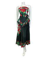 VTG 70s BLACK RED GREEN FLORAL SHAWL MAXI SKIRT BOHO PRAIRIE TWO-PIECE 8 10