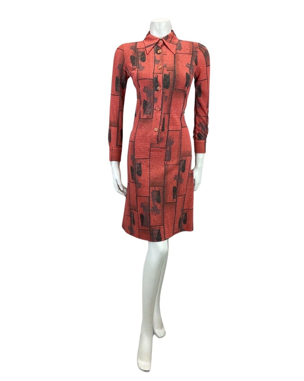 VINTAGE 60s 70s RED BLACK ART DECO PRINT DAGGAR COLLAR MOD MIDI DRESS 10 12