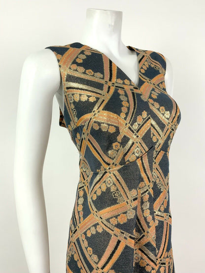 VTG 60s GREY ORANGE SILVER GOLD BLACK GLITTER GEOMETRIC FLORAL DRESS 14 16