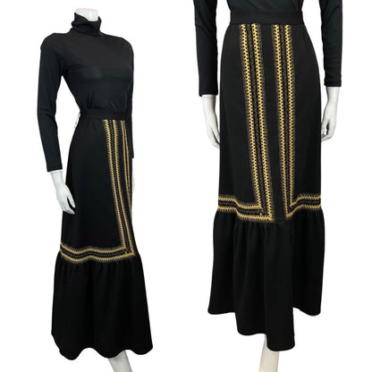 VINTAGE 60s 70s BLACK GOLD RIC-RAC EMBROIDERED PARTY GLAM MAXI SKIRT 10