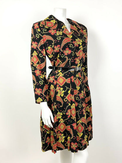 VTG 60s 70s BLACK RED YELLOW ORANGE AZTEC FLORAL BELTED WING COLLAR DRESS 12 14