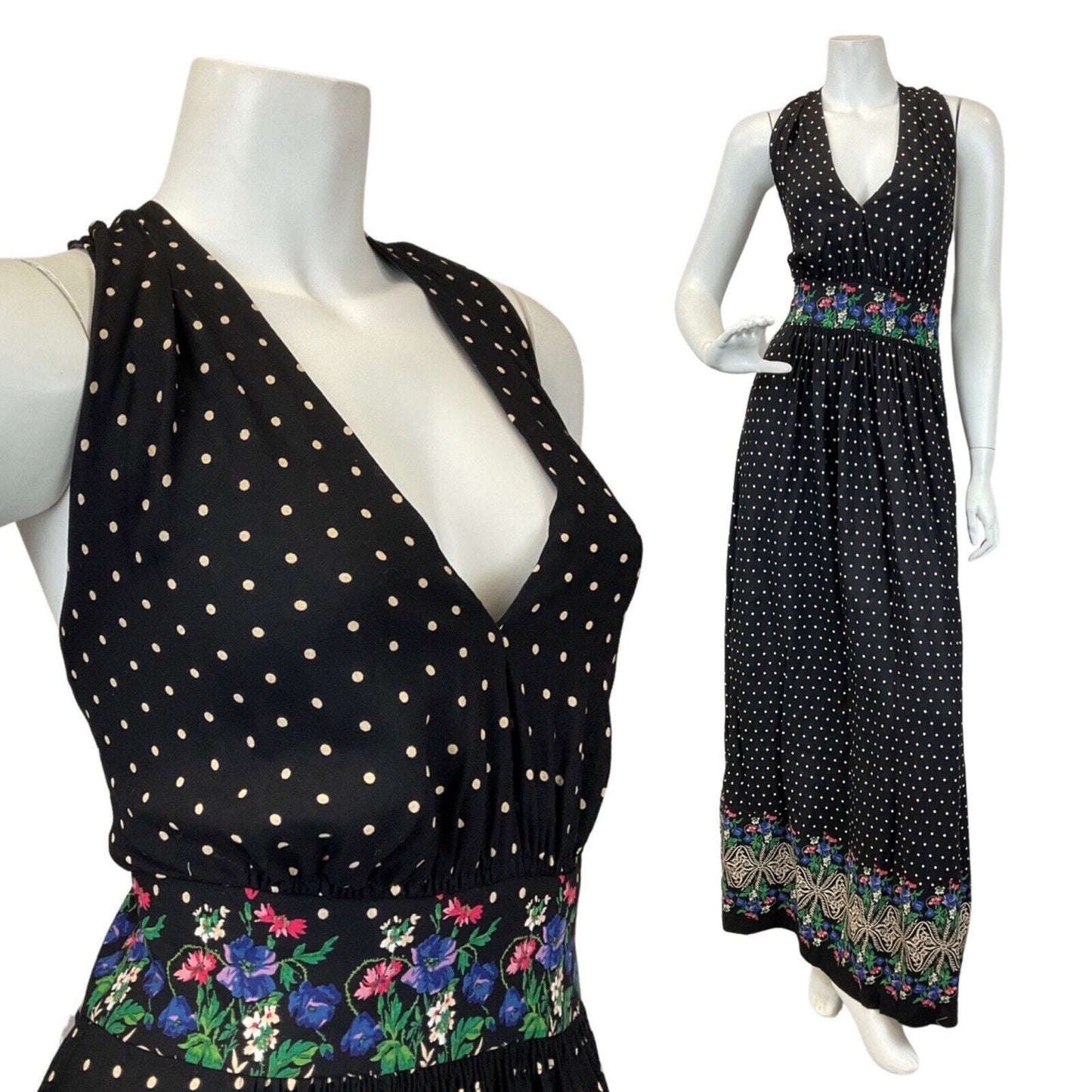 VINTAGE 60s 70s BLACK WHITE BLUE FLORAL POLKA-DOT SUMMER HALTER MAXI DRESS 10