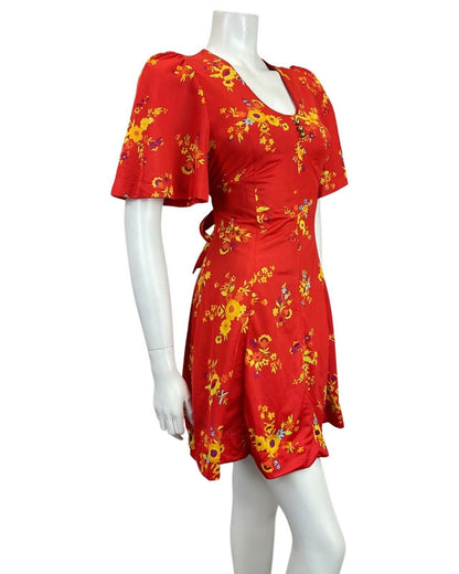 VINTAGE 60s 70s RED YELLOW BLUE FLORAL BELL SLEEVE MOD MINI SWING DRESS 8