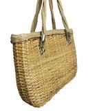 VINTAGE 70s BROWN CREAM RATTAN WICKER BOHO BASKET SHOULDER BAG