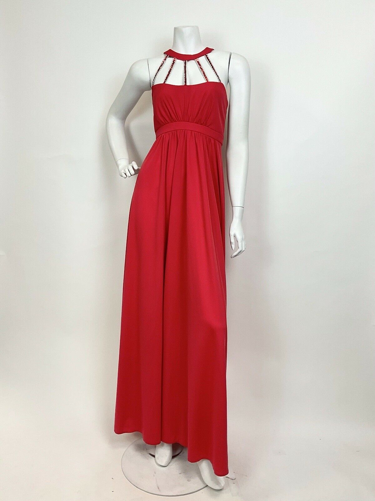 VTG 60s 70s CHERRY RED SILVER SEQUIN STUDIO 54 DISCO PARTY MAXI HALTER DRESS 8