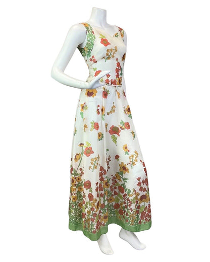 VINTAGE 60s 70s WHITE RED GREEN FLORAL GARDEN SLEEVELESS MAXI DRESS 8