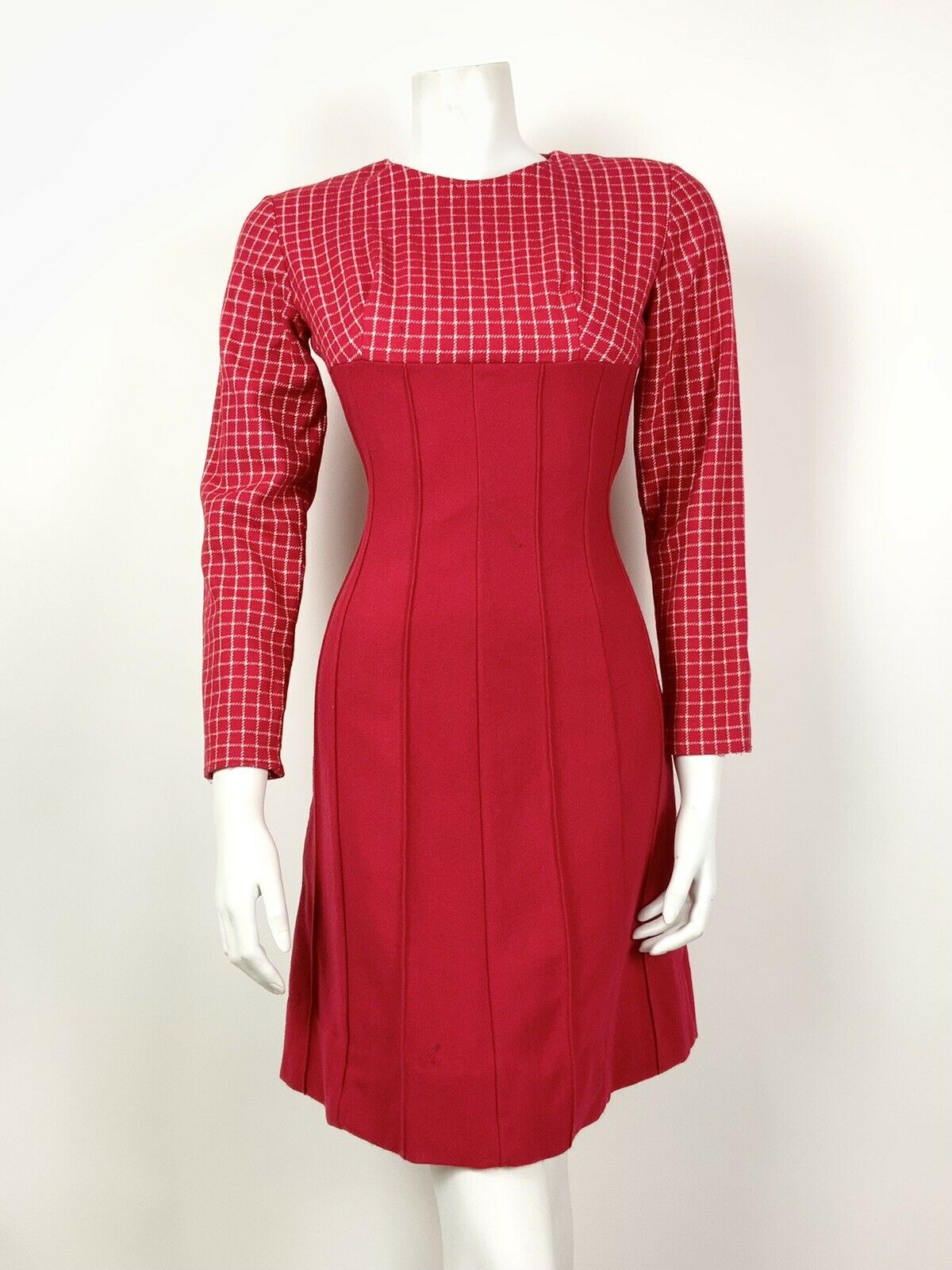 VTG 60s 70s MOD PILLARBOX RED WHITE GRID PLAID CHECKED FLARED DRESS 8 10